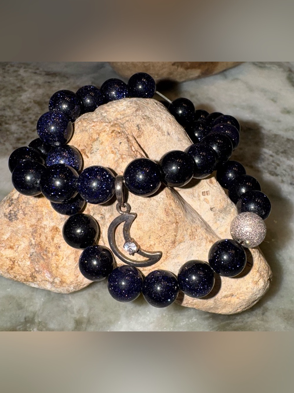 Sterling Silver 925 Blue Goldstone Stretch Bracelet Set